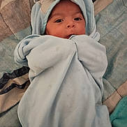 Jordan joined the competition — help win amazing prizes! baby, blanket, blue, child, cute, face, hood, infant, lying_down, looking_up, patterned_bedspread, portrait, soft, snug, toddler, wrapped, young_child, bed, cozy, indoor