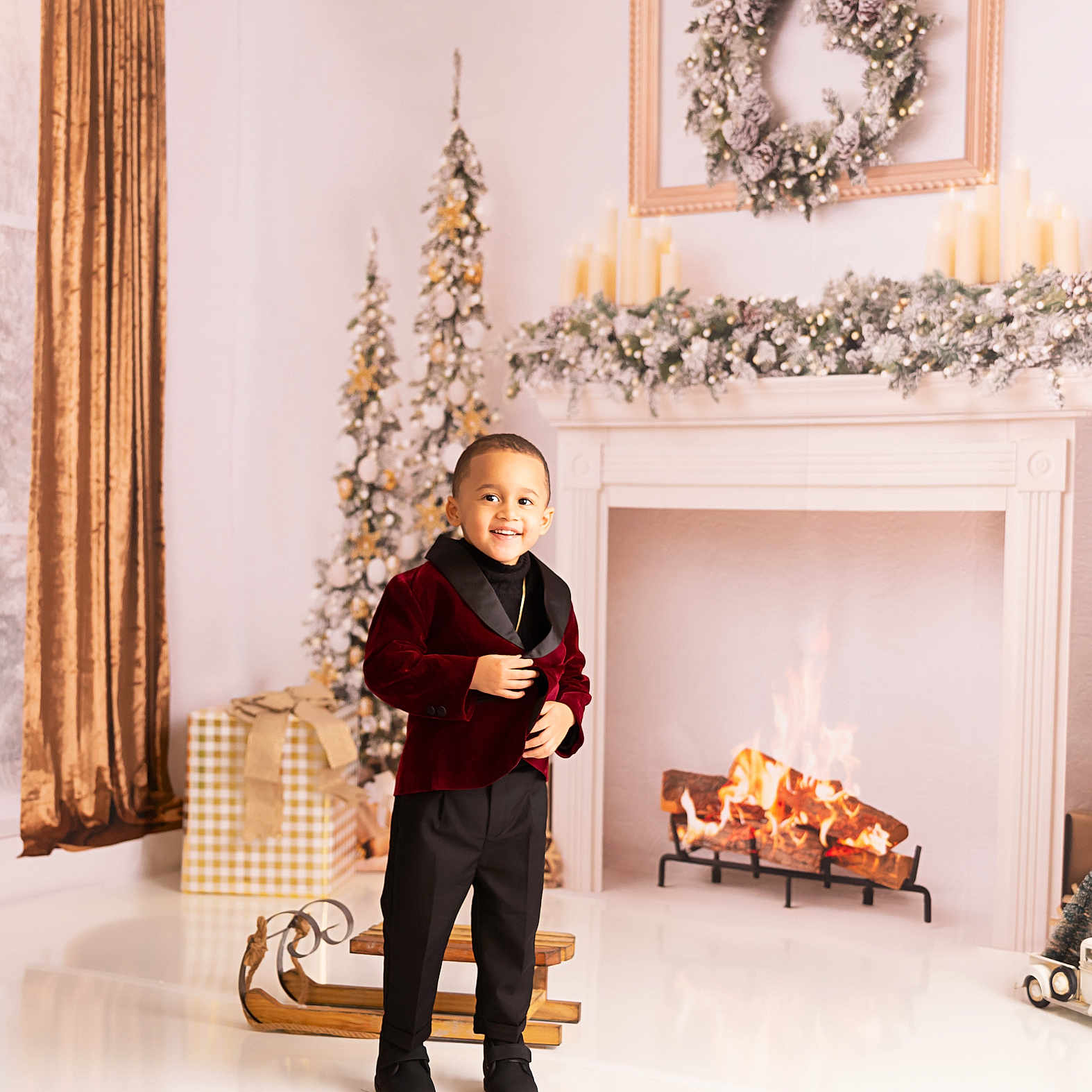 Noah joined the competition — help win amazing prizes! architecture, boy, building, child, christmas, christmasdecorations, christmastree, clothing, coat, face, festival, fireplace, furniture, hearth, indoors, livingroom, male, person, photography, room