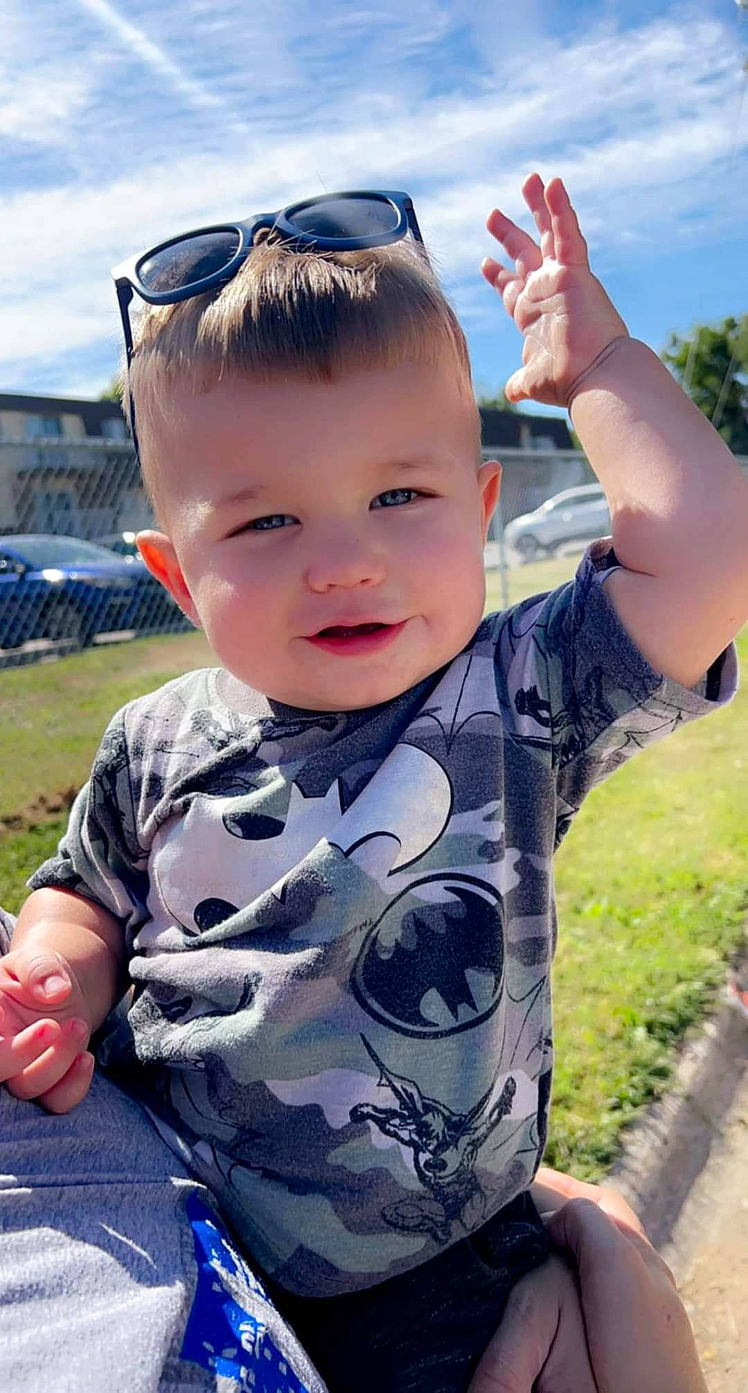 Judson joined the competition — help win amazing prizes! arm, blue, eyewear, gesture, glasses, goggles, grass, hair, hairstyle, hand, happy, head, leaf, person, plant, shoulder, skin, sky, sleeve, sunglasses