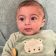 Sandro participe au concours pour gagner de l'argent avec cette photo : baby, infant, face, eyes, clothing, bear_patch, pacifier, blanket, soft_texture, laying_down, cute, small_hands, curious_expression, indoors, child, person, portrait, young, casual_wear, comfortable