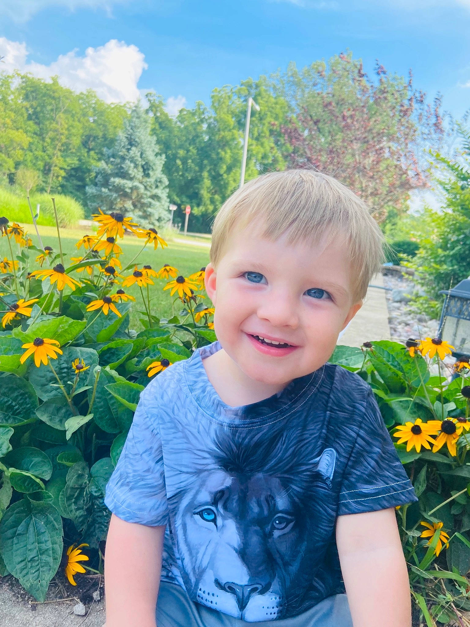 Vinny is registered to the contest to win money with this photo: carnivore, electric_blue, eye, flower, grass, hair, happy, iris, joy, leaf, meadow, nature, people_in_nature, person, petal, plant, sky, smile, summer, toddler
