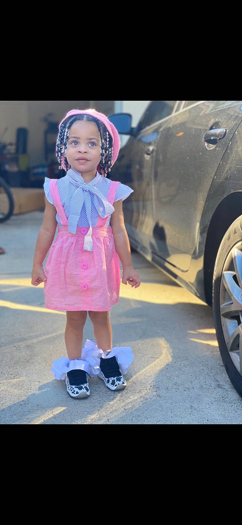 Sereyah is registered to the contest to win money with this photo: asphalt, automotive_design, automotive_exterior, automotive_lighting, automotive_tire, blond, car, dress, electric_blue, family_car, fender, footwear, fun, headwear, motor_vehicle, person, road, street_fashion, tire, toddler