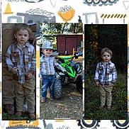 Kingston Lee joined the competition — help win amazing prizes! child, boy, plaid_shirt, khaki_pants, outdoor, toy_atv, cap, forest, grass, boots, portrait, casual_clothing, fall_season, serious_expression, young_boy, nature, daylight, play, photography, person