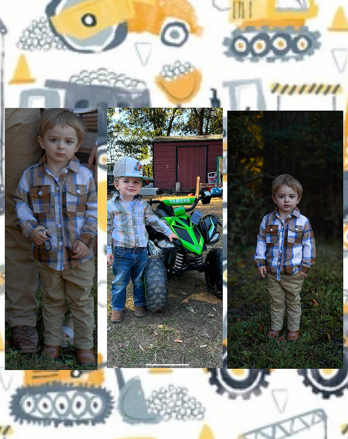 Kingston Lee joined the competition — help win amazing prizes! child, boy, plaid_shirt, khaki_pants, outdoor, toy_atv, cap, forest, grass, boots, portrait, casual_clothing, fall_season, serious_expression, young_boy, nature, daylight, play, photography, person