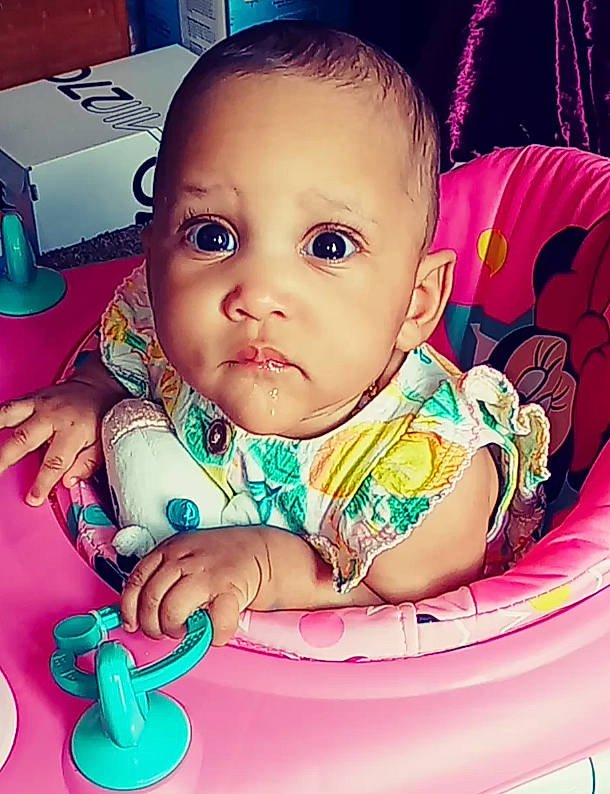 Zaylah joined the competition — help win amazing prizes! arm, baby, baby_toddler_clothing, blue, cheek, eye, facial_expression, finger, hairstyle, hand, happy, head, human_body, iris, lip, mouth, nose, organ, person, product