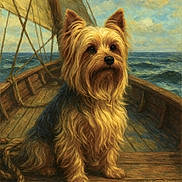 Helios a rejoint le concours — aidez-le/la à gagner de superbes lots ! dog, yorkshire_terrier, boat, sailboat, sea, ocean, sky, clouds, wood, rope, water, outdoor, pet, animal, fur, portrait, calm, sitting, nautical, vintage_style