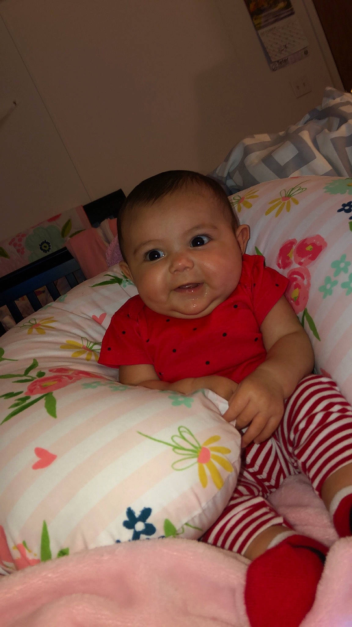 Amiah joined the competition — help win amazing prizes! baby_products, bedtime, cheek, child, day, eye, finger, girl, hand, infant, iris, mouth, person, pink, play, product, sitting, skin, smile, textile