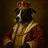 animal, black_and_white, canine, classical_art, costume, crown, dog, fur, gold, historical_style, king, lace, luxury, majestic, noble, painting, portrait, red_robe, regal, royal_clothing