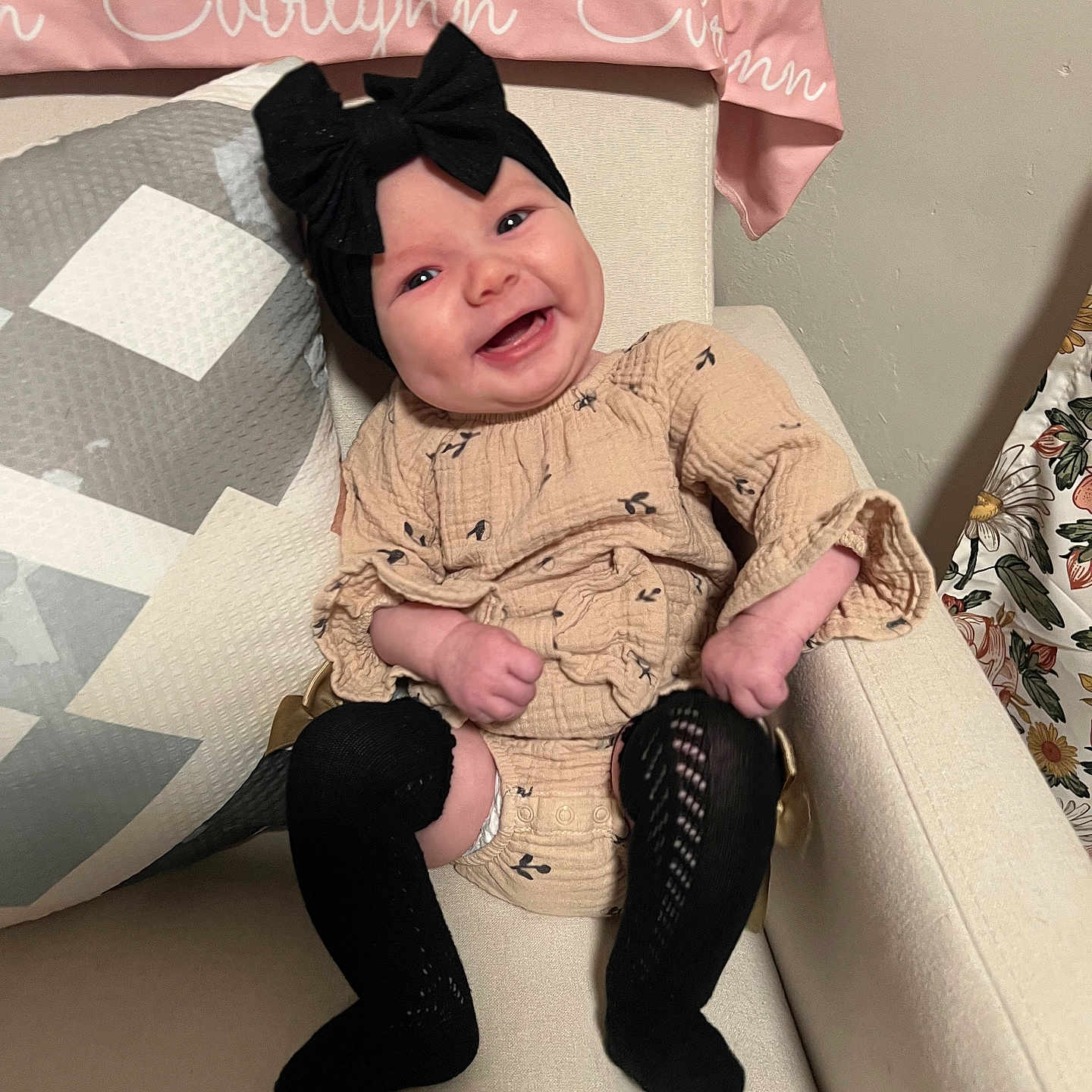 Evirlynn Kay joined the competition — help win amazing prizes! baby, babylaughing, clothing, couch, cushion, face, footwear, furniture, happy, head, homedecor, hosiery, pants, person, photography, portrait, shoe, sitting, smile, sock
