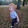 autumn, child, cute, daylight, exploring, fall, forest, grass, leaves, nature, outdoor, pants, person, red_hair, shirt, socks, toddler, trees, walking, young_child