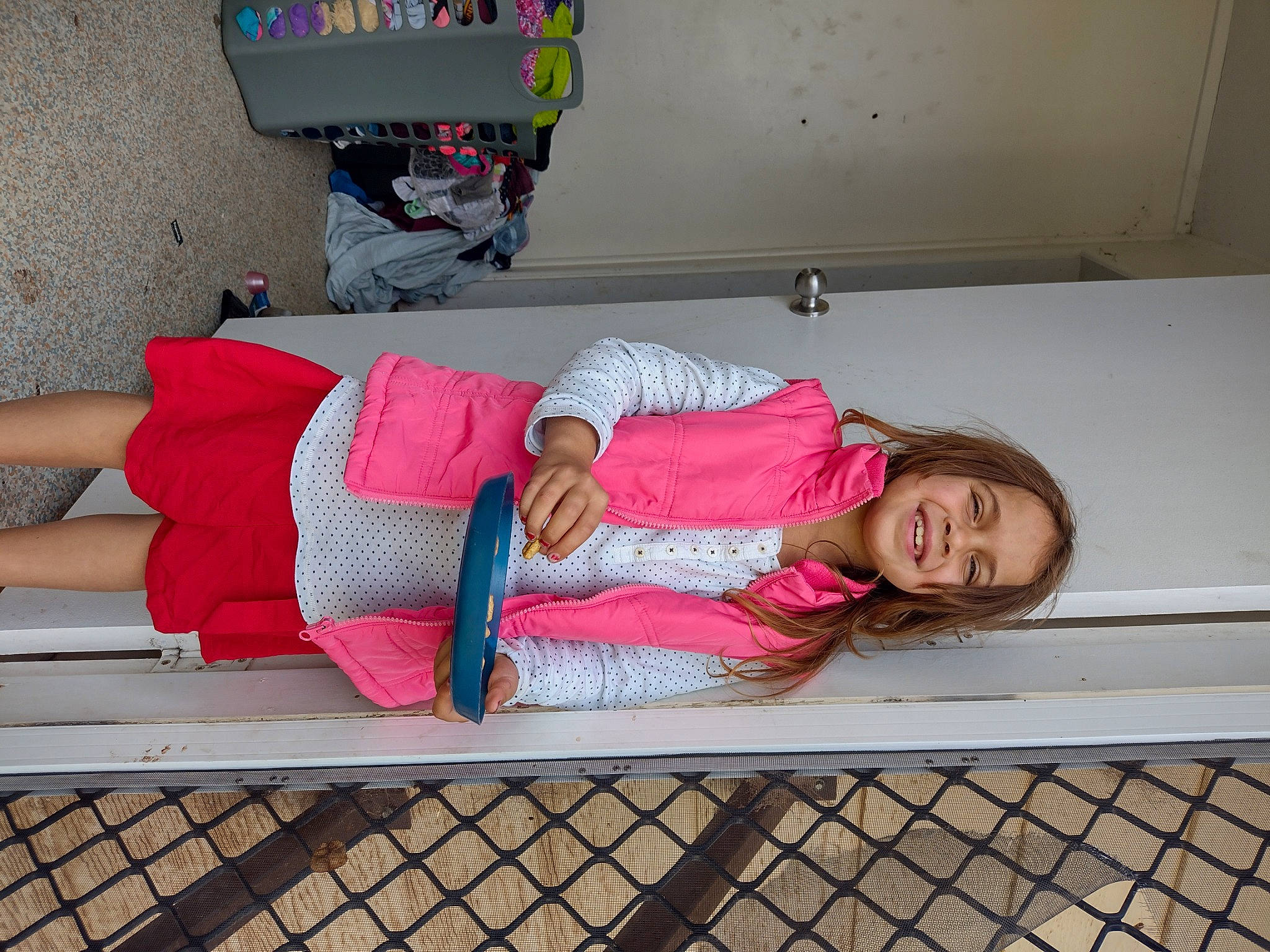 Charley joined the competition — help win amazing prizes! child, comfort, fence, foot, fun, happy, human_leg, joy, knee, leisure, magenta, person, pink, red, room, smile, textile, thigh, toddler, vacation