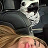 woman, selfie, dog, car_interior, blue_eyes, black_and_white_dog, headrest, seat, puckered_lips, long_hair, pet, animal, portrait, casual, indoor, looking, curious, seatbelt, hair, closeup