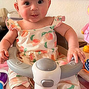 Melanie joined the competition — help win amazing prizes! baby, infant, headband, bow, big_eyes, peach_pattern, romper, feeding_seat, highchair, toy, hands, legs, cute, portrait, indoor, close_up, rosy_cheeks, smile, drool, photography