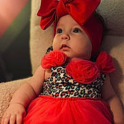 Oakleyy joined the competition — help win amazing prizes! adorable, baby, child, closeup, colorful, curious, cute, expression, face, fashion, headband, indoor, infant, leopard_print, portrait, red_bow, red_dress, sitting, soft_chair, young_child
