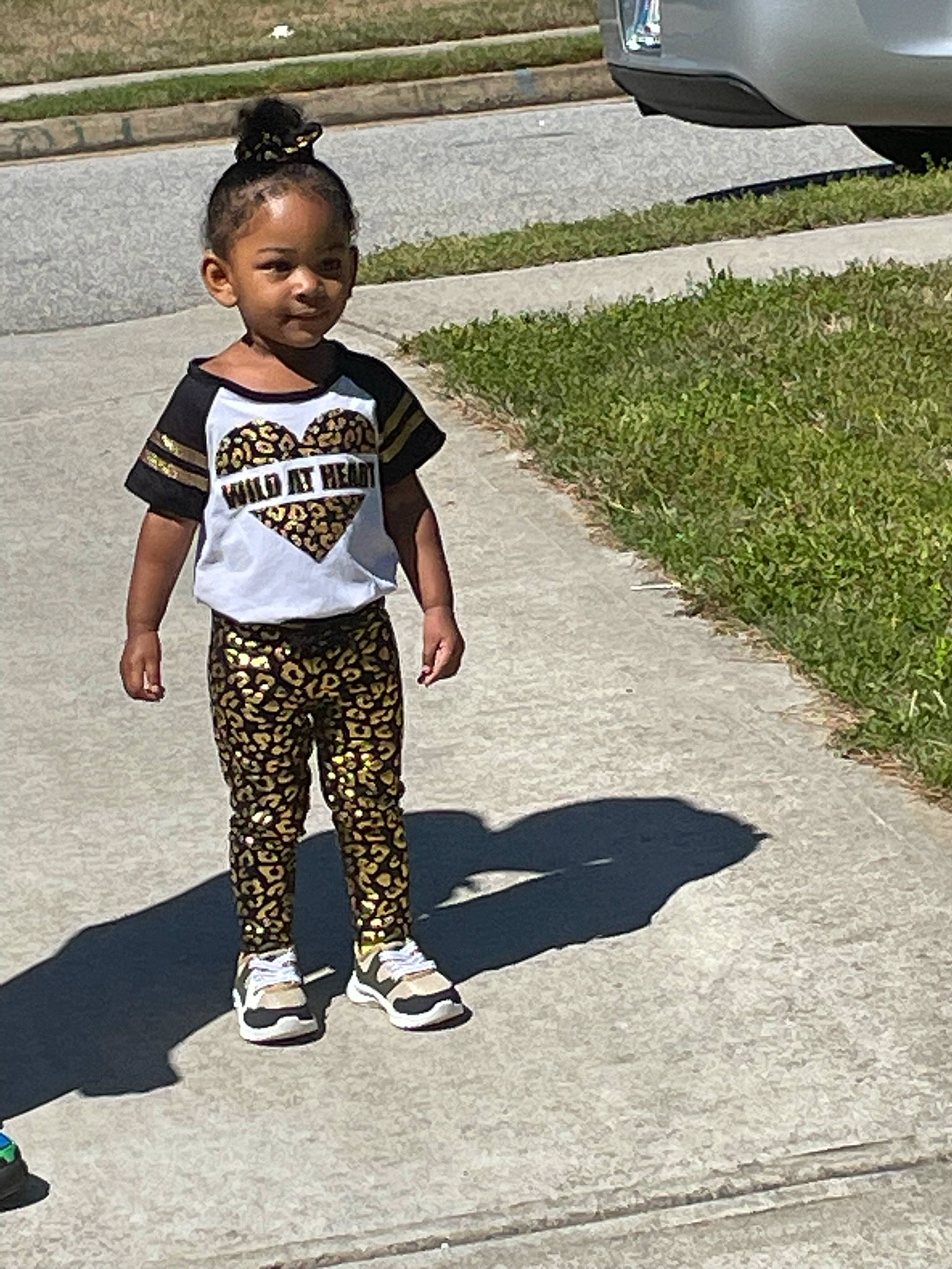 Harmoni is registered to the contest to win money with this photo: asphalt, automotive_exterior, automotive_tire, child, family_car, fun, grass, happy, leisure, pedestrian, person, play, recreation, road, road_surface, sidewalk, street, t_shirt, toddler, vehicle_door