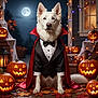 Taiko participe au concours pour gagner de l'argent avec cette photo : dog, white_dog, vampire_costume, tuxedo, cape, jack_o_lantern, pumpkin, halloween, full_moon, autumn_leaves, lantern, candles, spider_web, decorations, night, porch, cute, pet, costume, festive