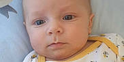 Andrea a rejoint le concours — aidez-le/la à gagner de superbes lots ! baby, infant, face, close_up, onesie, yellow_trim, animal_print, skin, head, eyes, expression, lying_down, blanket, soft, cute, child, newborn, portrait, indoors, calm