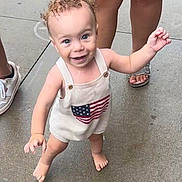 Nalo Martens joined the competition — help win amazing prizes! toddler, child, curly_hair, smiling, barefoot, outdoor, concrete, people, legs, sandals, white_shoes, clothing, flag_design, happy, walking, baby, person, summer, cute, innocent