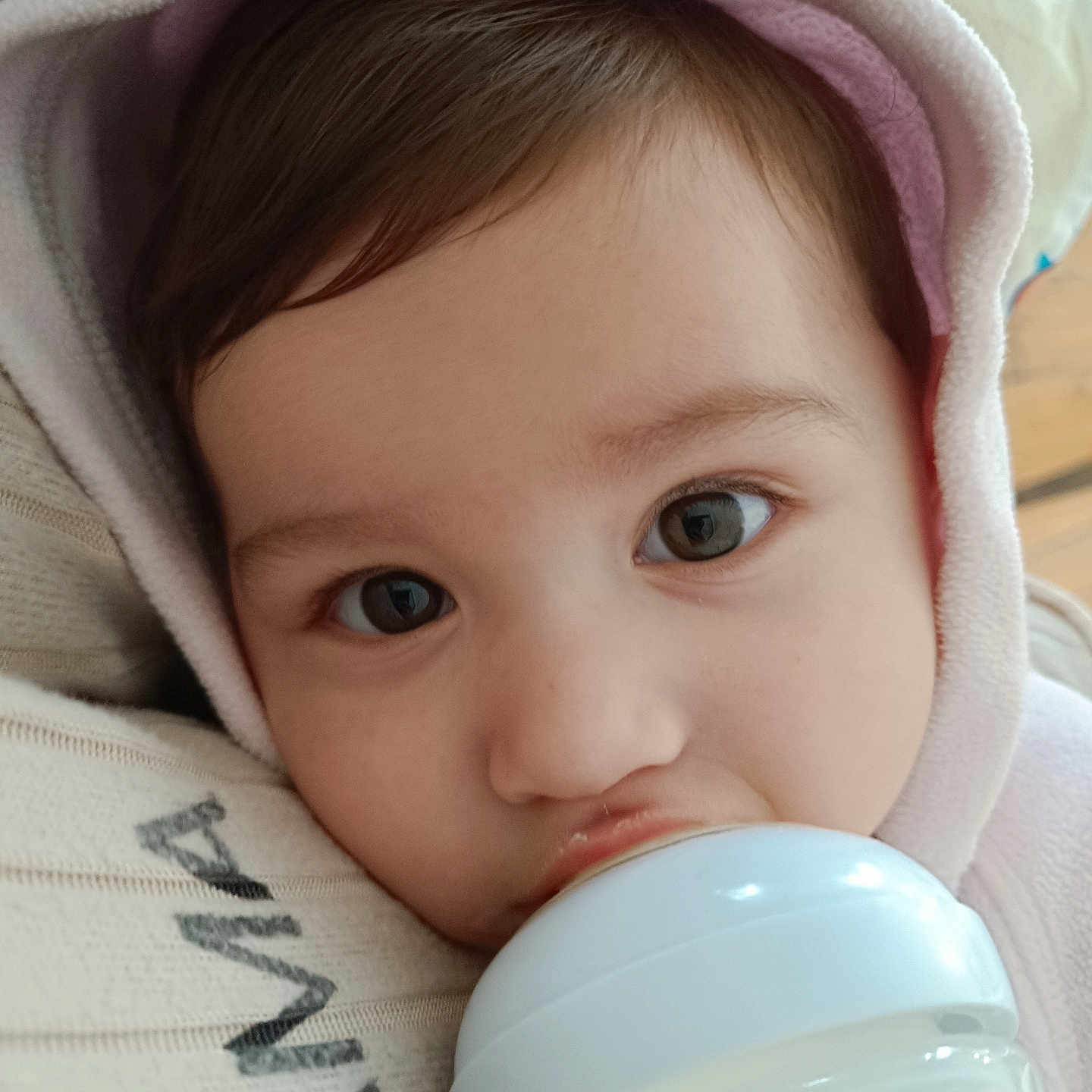 Alhelí participe au concours pour gagner de l'argent avec cette photo : baby, blanket, bottle, child, close_up, comfort, cute, eyes, face, feeding, hood, indoors, infant, milk, person, portrait, skin, soft, warm, young
