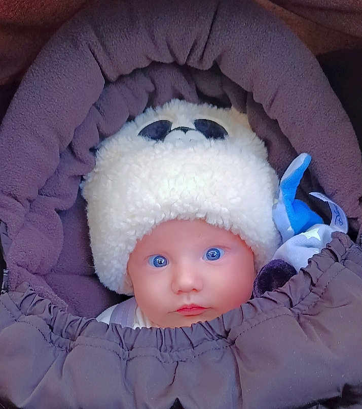 Thiago a rejoint le concours — aidez-le/la à gagner de superbes lots ! baby, child, blue_eyes, hat, fluffy_hat, panda_design, stroller, purple, blanket, warm_clothing, face, headwear, infant, cute, portrait, baby_clothes, snug, closeup, winter, outdoor