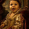child, toddler, portrait, royal_clothing, throne, smiling, curly_hair, luxury, gold_embroidery, lace, historic_style, red_velvet, decorative, indoor, classic_painting_style, formal, happy, face, person, seated