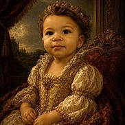 Kyzley joined the competition — help win amazing prizes! toddler, child, portrait, vintage_clothing, royal_gown, crown, jewelry, curly_hair, chair, velvet, ornate, classic, renaissance_style, painting_style, historical, indoor, smile, face, hands, background