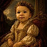 toddler, child, portrait, vintage_clothing, royal_gown, crown, jewelry, curly_hair, chair, velvet, ornate, classic, renaissance_style, painting_style, historical, indoor, smile, face, hands, background