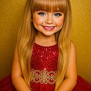 Alivia is registered to the contest to win money with this photo: child, girl, smile, red_dress, gold_embroidery, long_hair, portrait, glitter, sparkle, happy, fashion, beauty, studio, background, hands, cute, pretty, young, face, glamour