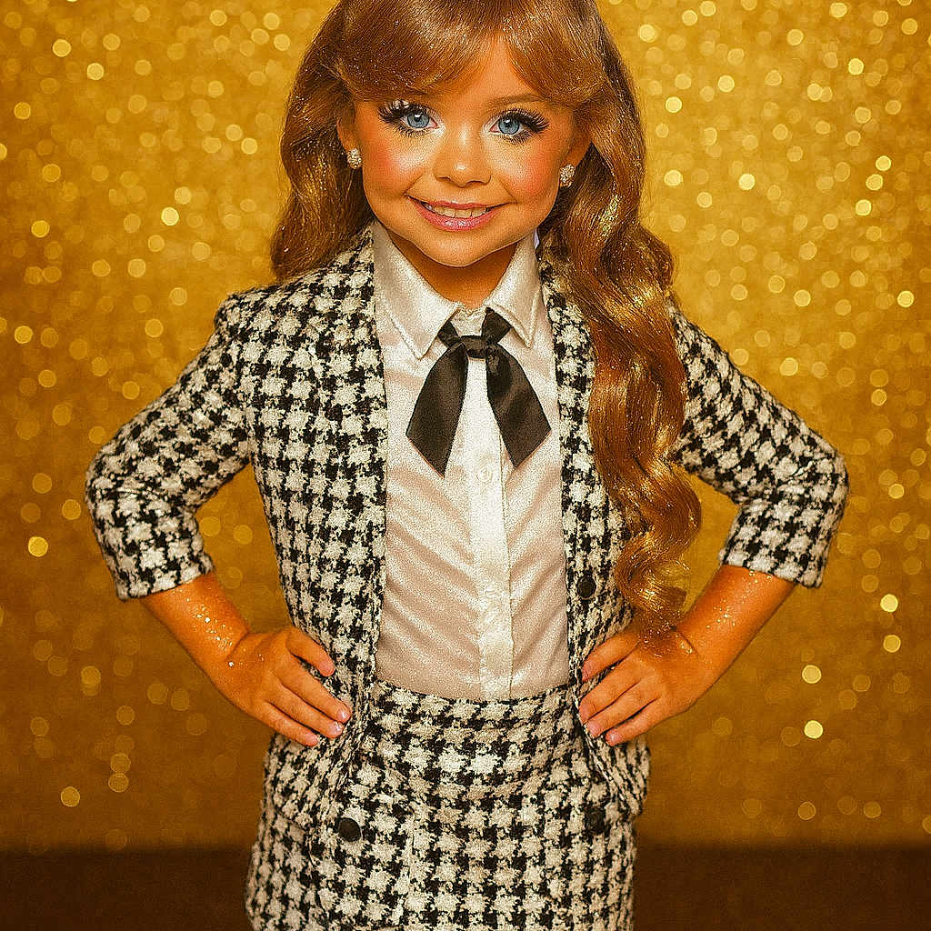 Alivia is registered to the contest to win money with this photo: black_tie, blonde_hair, bow, child, confident, fashion, girl, glitter, gold_background, hands_on_hips, houndstooth, long_hair, portrait, posing, skirt, smile, sparkle, studio, suit, white_shirt