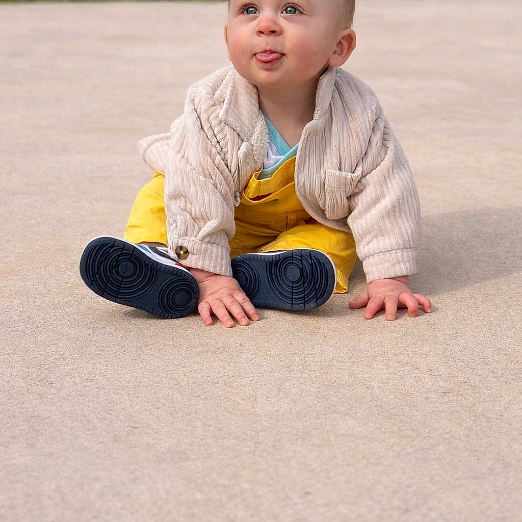 Amaël participe au concours pour gagner de l'argent avec cette photo : baby, casual_clothing, child, concrete, cute, daylight, funny_expression, grass, happy, jacket, nature, outdoor, person, playful, portrait, shoes, sitting, tongue_out, yellow_pants, young_child