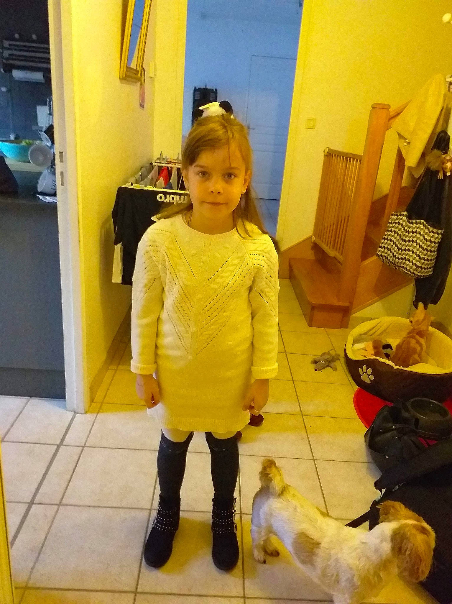 Kimberley participe au concours pour gagner de l'argent avec cette photo : bag, boot, canidae, carnivore, child, companion_dog, dog, dog_breed, flooring, fun, fur, happy, knee, leash, luggage_and_bags, person, room, shoe, toddler, toy_dog