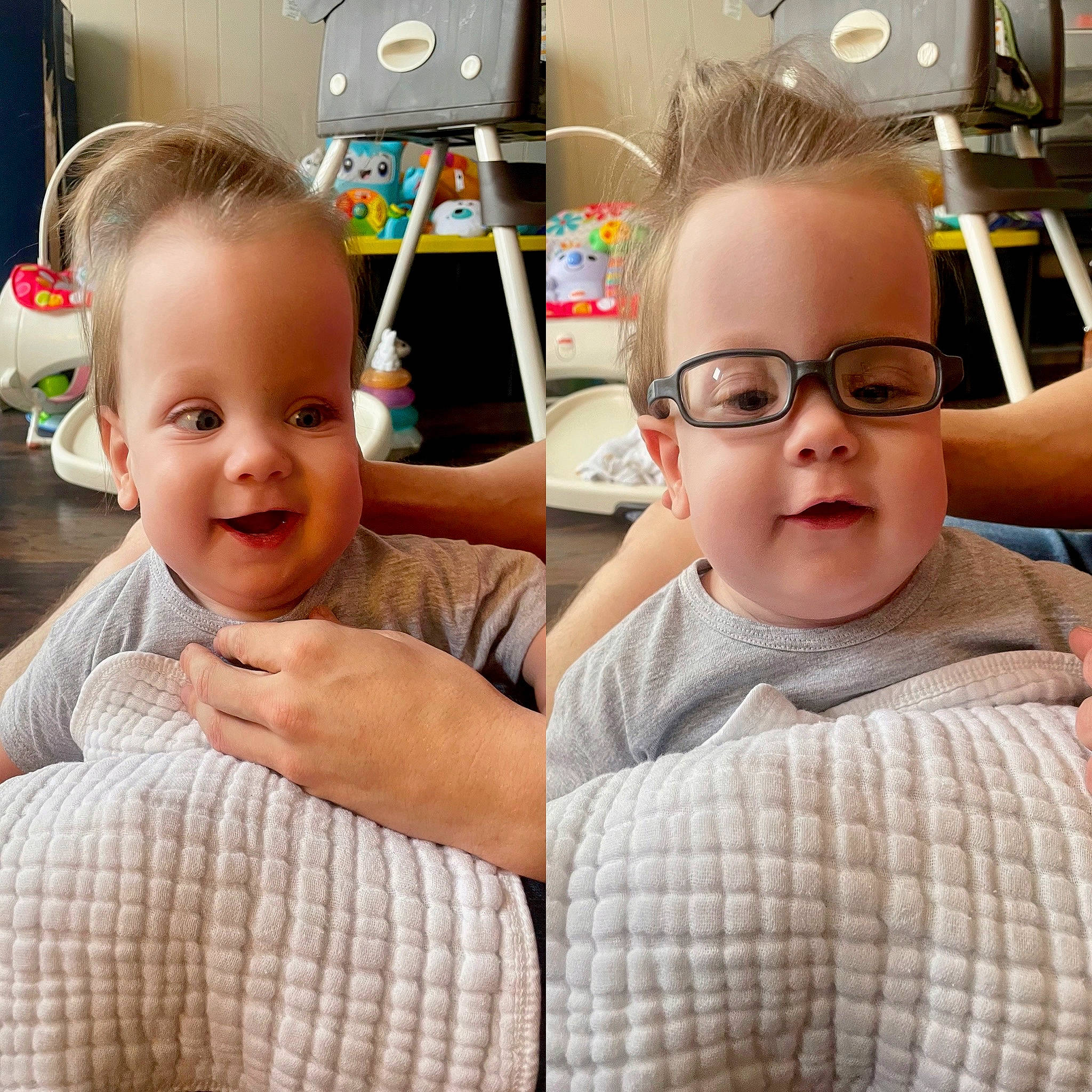 Emmett is registered to the contest to win money with this photo: baby, blond, child, comfort, electronic_device, eyewear, face, facial_expression, fun, gesture, glasses, happy, iris, joy, person, selfie, sitting, skin, smile, t_shirt