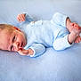 baby, blanket, blue_onesie, child, closeup, curious, cute, expression, face, foot, hand, indoors, infant, lying_down, newborn, portrait, skin, sleepwear, small, soft_texture