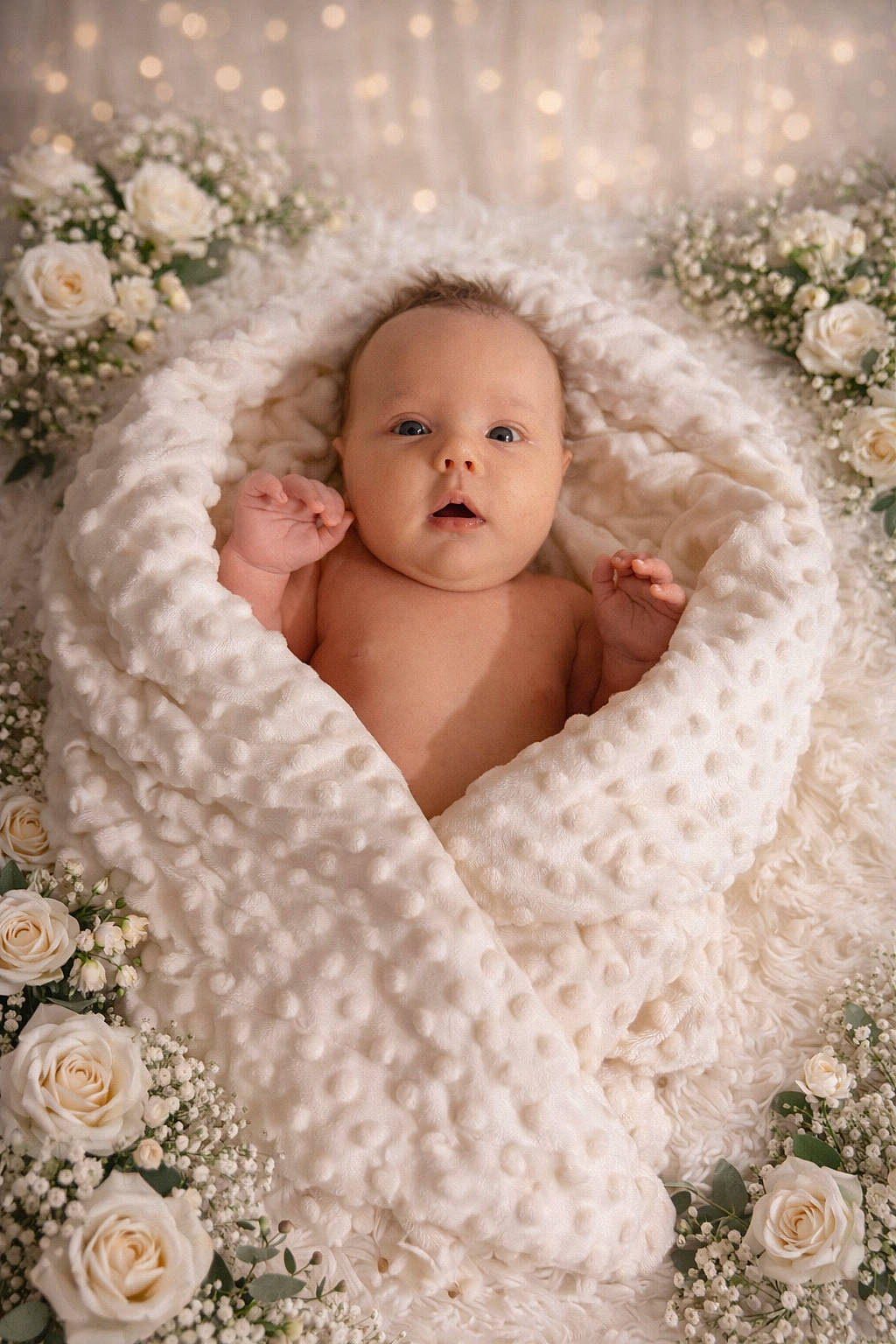 Augustine participe au concours pour gagner de l'argent avec cette photo : baby, blanket, cozy, cute, decor, face, floral_arrangement, flowers, hands, infant, innocence, lying_down, newborn, portrait, roses, skin, soft_lighting, soft_texture, white, wrapped