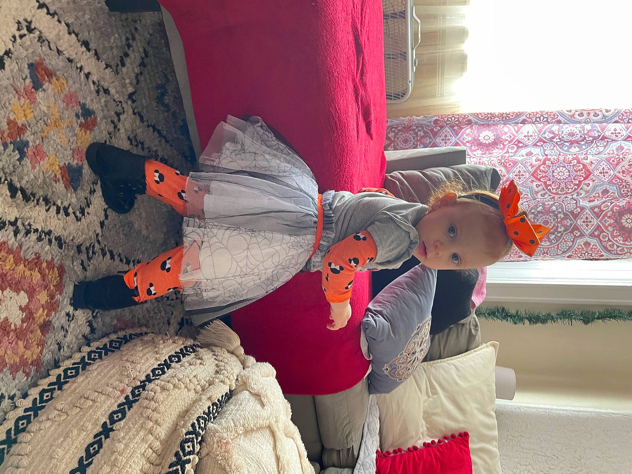 Arabella joined the competition — help win amazing prizes! art, carmine, child, comfort, flooring, fun, fur, hat, linens, orange, pattern, person, plush, room, sitting, stuffed_toy, toy, tree, visual_arts, window