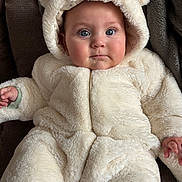 Adriana participe au concours pour gagner de l'argent avec cette photo : baby, child, infant, fluffy_suit, bear_ears, hood, blue_eyes, couch, soft_texture, cute, warm_clothing, indoor, portrait, face, hand, seated, cozy, expression, person, young_child