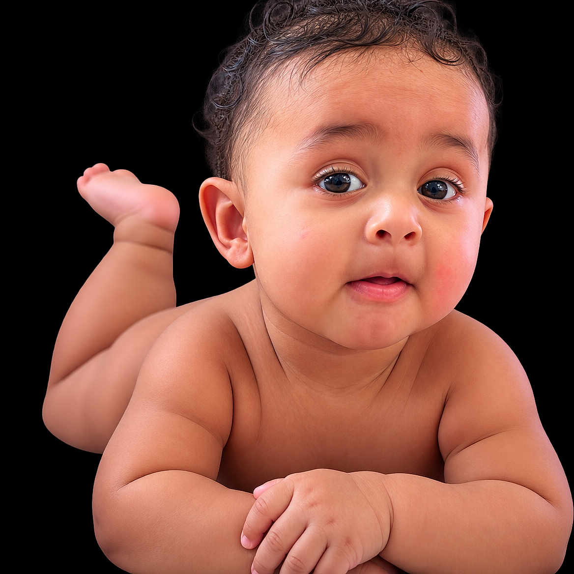Javonta Jr is registered to the contest to win money with this photo: arms, baby, black_background, child, closeup, curly_hair, cute, expression, eyes, face, hands, infant, legs, lying_down, naked, portrait, skin, soft_skin, studio, toes