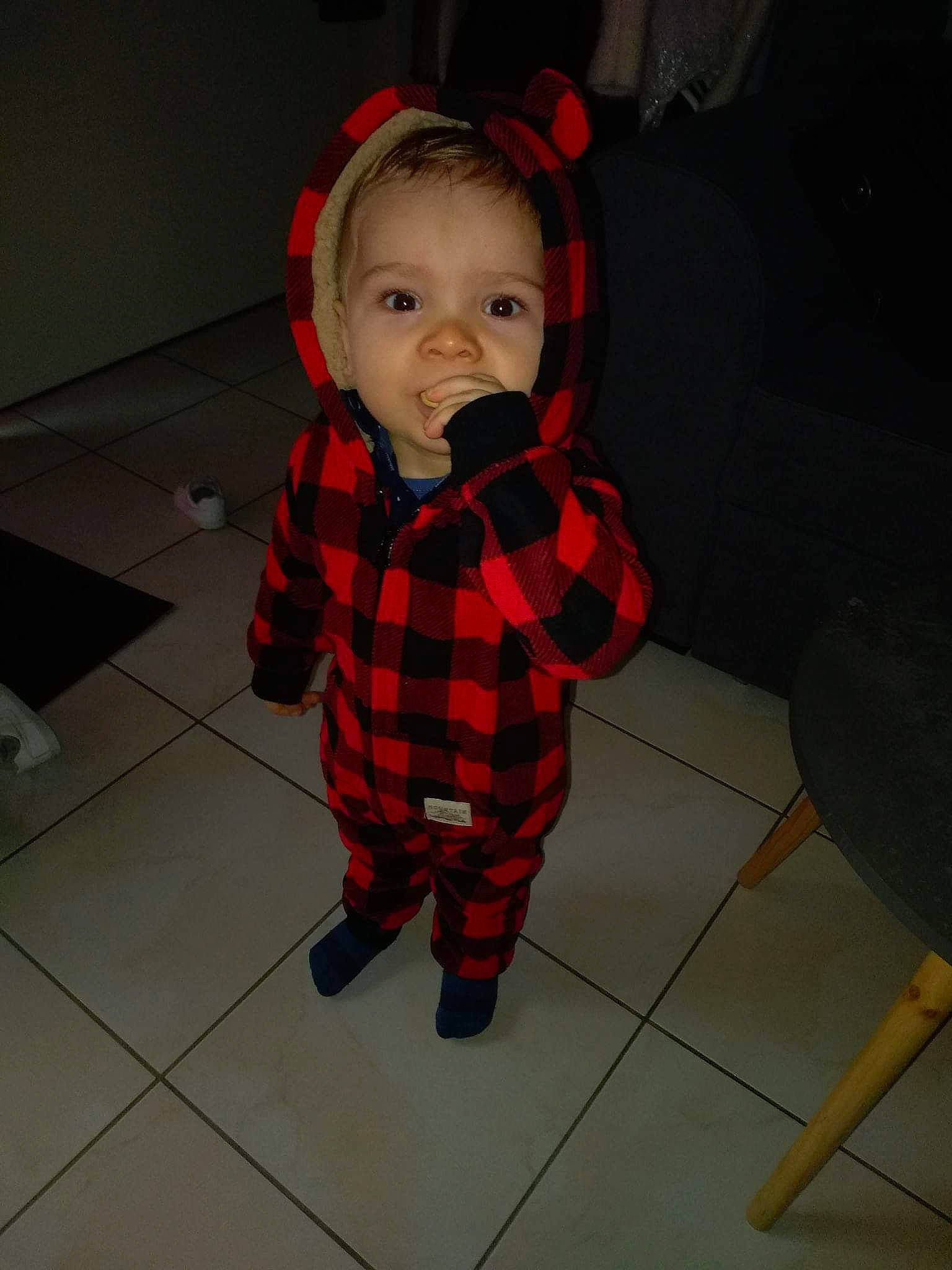 Louis a rejoint le concours — aidez-le/la à gagner de superbes lots ! baby, baby_toddler_clothing, carmine, fictional_character, floor, flooring, fur, happy, head, knee, pattern, person, personal_protective_equipment, plaid, room, sitting, sleeve, smile, tartan, toddler