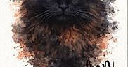 Charbon a rejoint le concours — aidez-le/la à gagner de superbes lots ! cat, black_cat, long_hair, fluffy, feline, animal, portrait, watercolor, illustration, artwork, yellow_eyes, staring, front_view, whiskers, ears, dark_fur, gothic, paint_splatter, white_background, handwritten_text