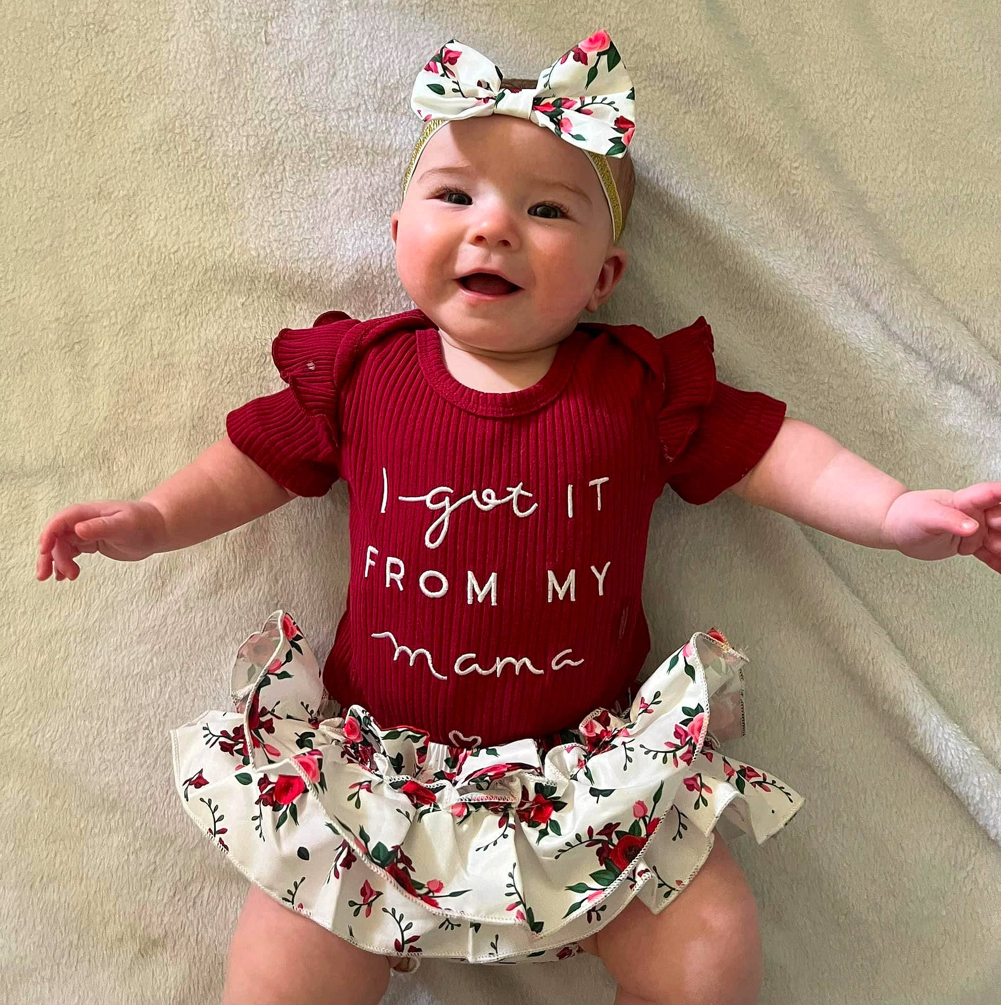 Emma joined the competition — help win amazing prizes! arm, baby_toddler_clothing, cap, clothing, costume_hat, dress, face, facial_expression, finger, font, happy, head, headgear, headwear, human_body, person, pink, product, sleeve, smile