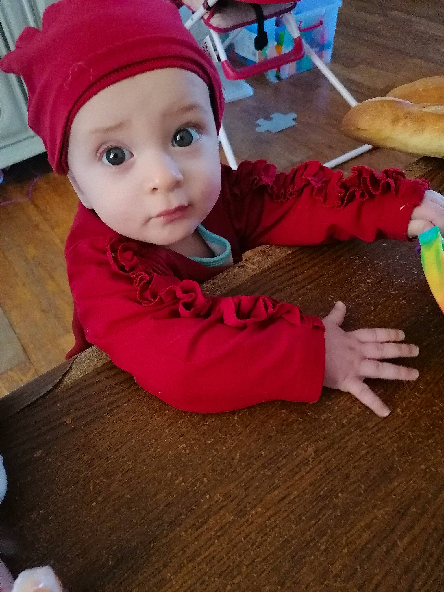 Elsa Victoria a rejoint le concours — aidez-le/la à gagner de superbes lots ! baby, baby_toddler_clothing, cap, carmine, child, fashion_accessory, floor, flooring, fun, grass, hardwood, head, headwear, leisure, person, red, sitting, skin, sleeve, t_shirt