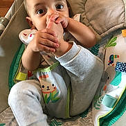 Ayden participe au concours pour gagner de l'argent avec cette photo : baby, child, foot, hand, face, eyes, baby_chair, animal_print, leaf_pattern, clothing, sleeve, cute, playful, indoors, infant, person, comfort, expression, sitting, skin