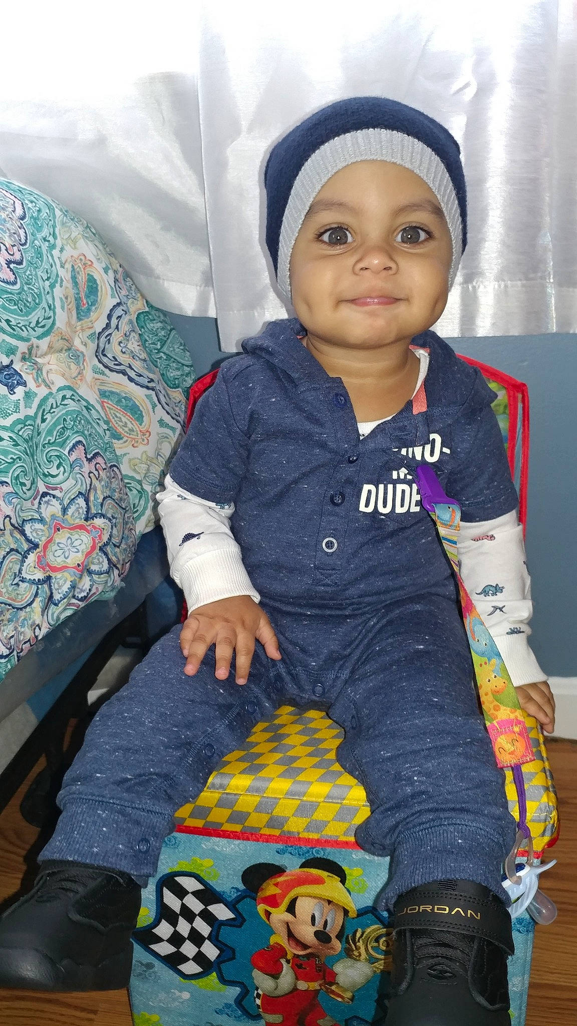 Jhonny is registered to the contest to win money with this photo: beanie, blue, boy, cap, child, cool, day, facial_expression, fun, girl, headgear, infant, outerwear, person, product, skin, smile, textile, toddler