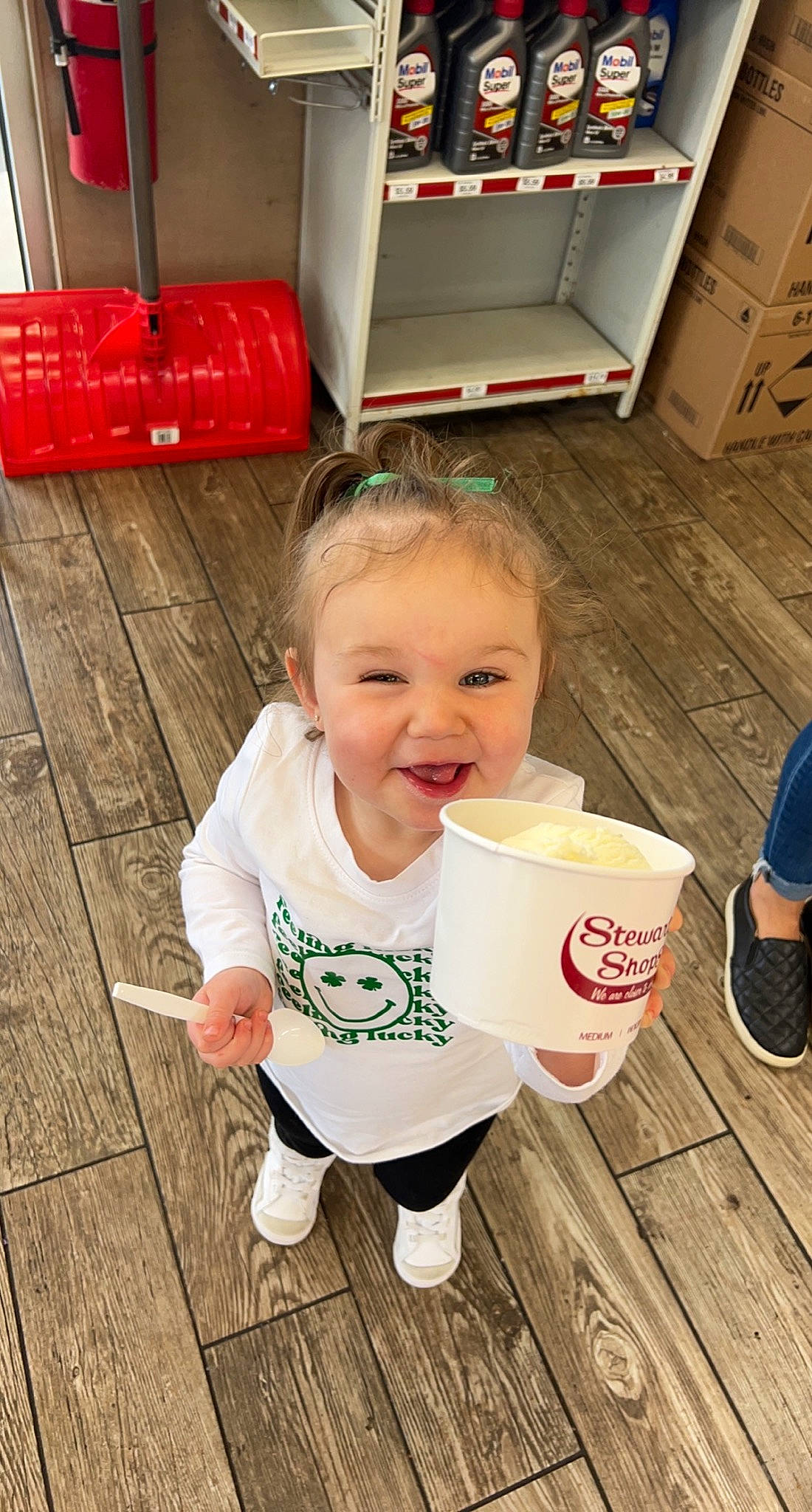 Addison joined the competition — help win amazing prizes! baby, baby_toddler_clothing, cabinetry, child, face, finger, floor, flooring, fun, happy, hardwood, person, skin, smile, snapshot, standing, t_shirt, tableware, toddler, white