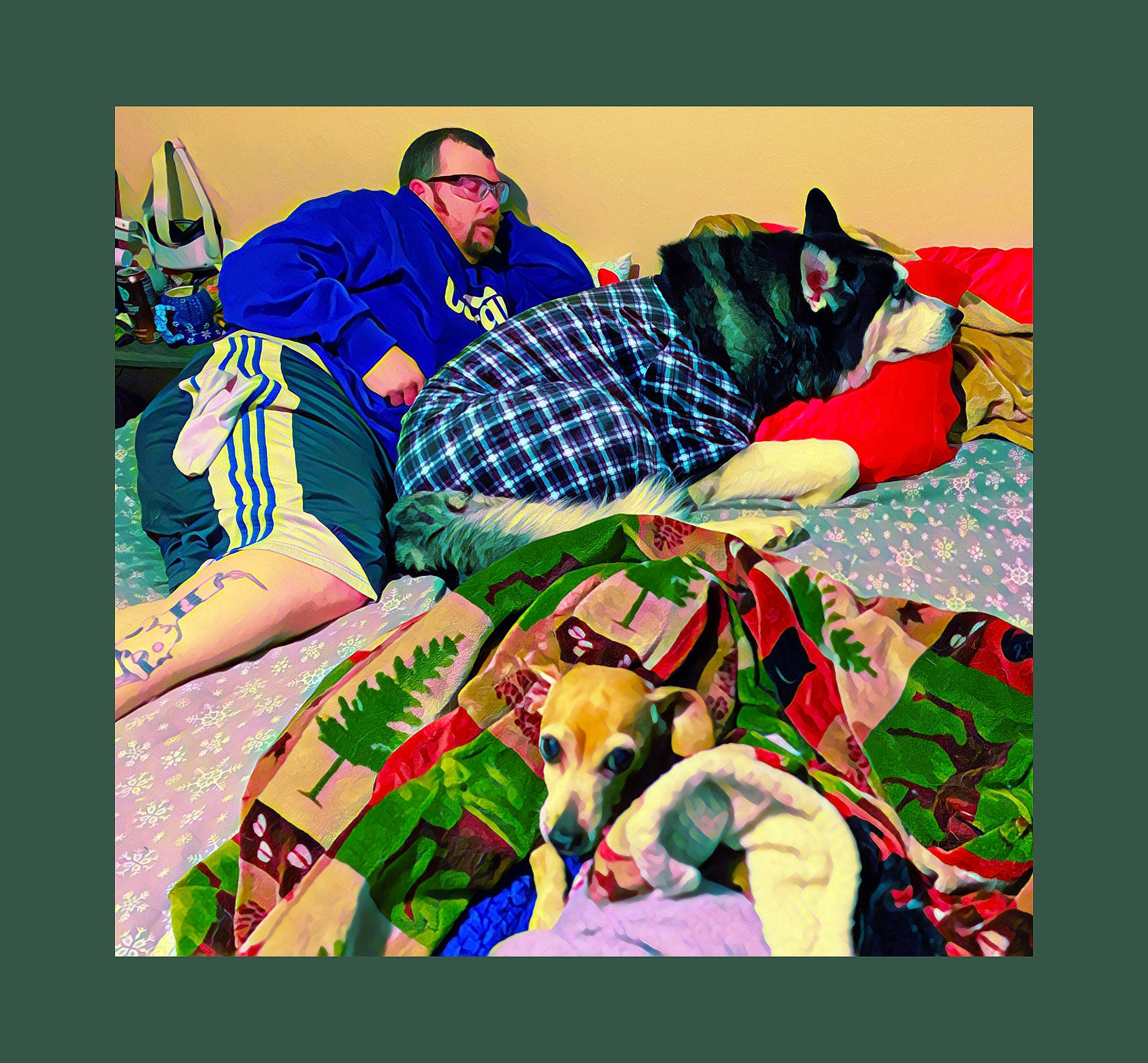 Blu joined the competition — help win amazing prizes! art, canidae, carnivore, comfort, companion_dog, dog, fictional_character, font, grass, hat, illustration, lap, linens, painting, pattern, pillow, recreation, room, sleeve, t_shirt