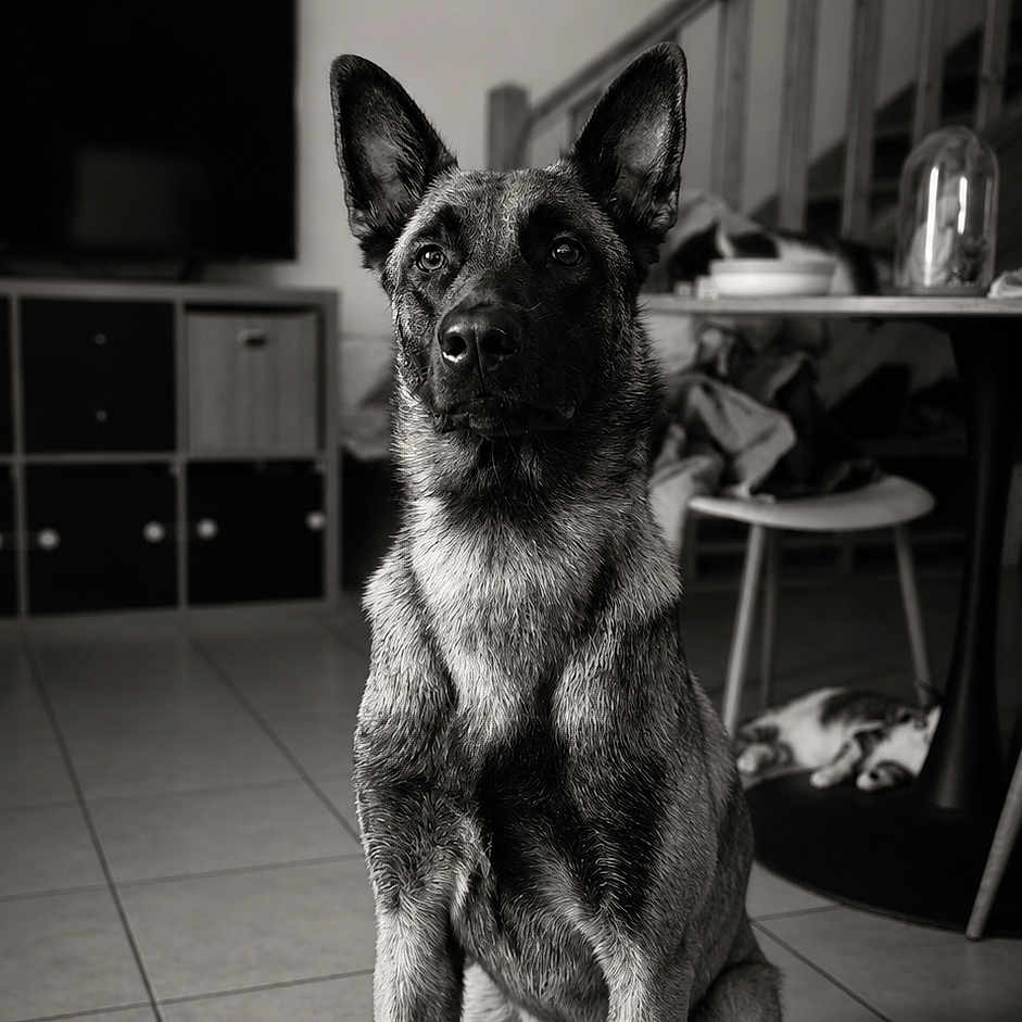 Aria a rejoint le concours — aidez-le/la à gagner de superbes lots ! dog, cat, indoor, living_room, tiled_floor, furniture, chair, table, stairs, black_and_white, pet, animal, portrait, calm, relaxed, home, decor, floor, domestic, quiet