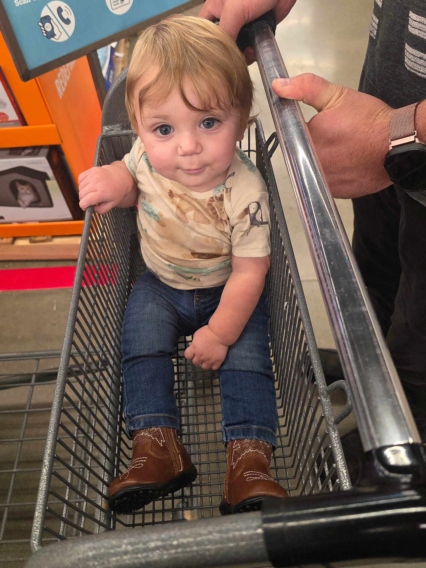 Asher joined the competition — help win amazing prizes! toddler, child, shopping_cart, boots, jeans, shirt, stain, hand, adult, store, floor, metal, retail, shopping, cute, baby, person, portrait, indoor, casual