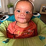 baby, child, infant, smiling, headband, orange_shirt, flower_print, cushioned_seat, indoor, portrait, wide_eyes, cute, cheeky, happy, person, face, head, baby_seat, colorful, home