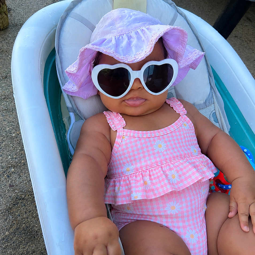 Evangeli joined the competition — help win amazing prizes! baby, sunglasses, hat, bathtub, pink, child, summer, outdoor, cute, fashion, infant, swimsuit, relaxing, sunhat, accessory, person, skin, seat, toy, hand