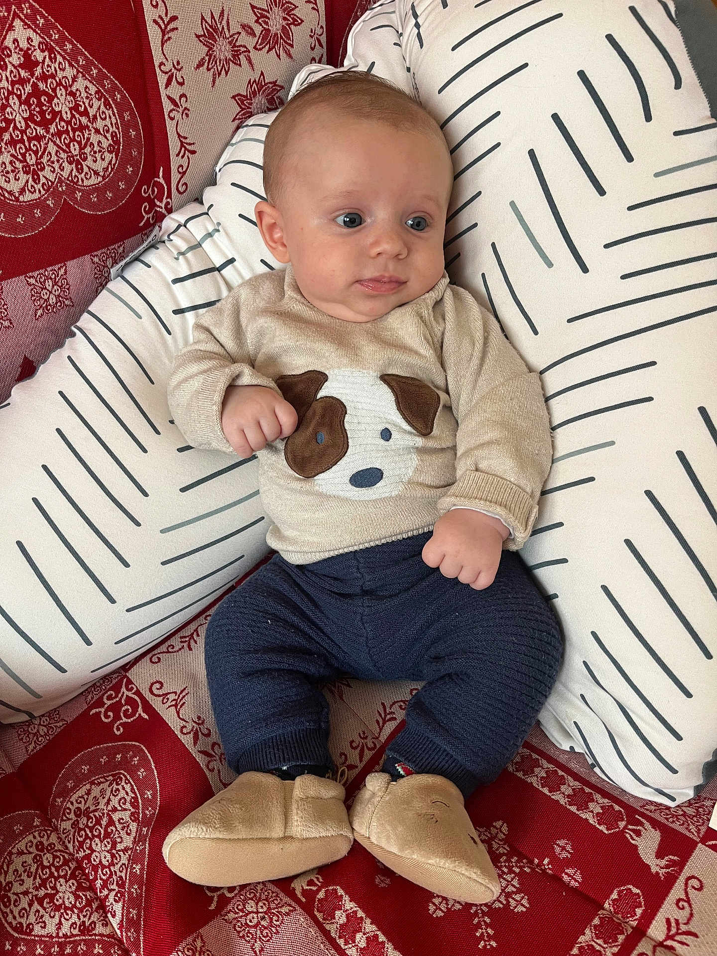 Basile participe au concours pour gagner de l'argent avec cette photo : baby, infant, sweater, puppy_face, cushion, pillow, red_patterned_fabric, navy_pants, slippers, indoor, child, cute, comfortable, seated, looking_away, cozy, soft_toys, home, portrait, small_hands